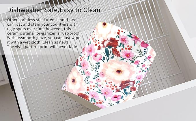 Kitchen Utensil Holder,7.2″Extra Large Stable Pattern Ceramic Utensil Crock,Utensil Organizer for Countertop,Kitchen Decor,Utensil Holder for Housewarming,Wedding Gift (Pink White)