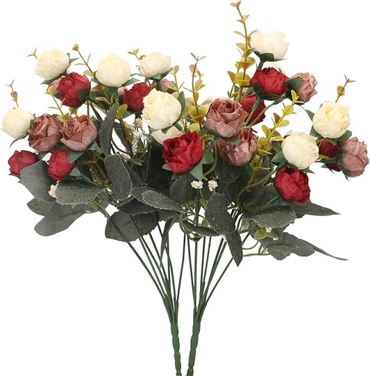 Duovlo 7 Branch 21 Mini Rose Heads Artificial Flowers Bouquet Wedding Home Office Decor,Pack of 2 (2 PCS Red)