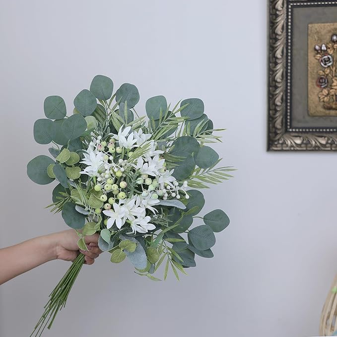 FOTEEWL 75 Pcs Artificial Greenery Stems Box Set,with 8 Kinds of Faux Plants and Fake Flowers for DIY Bridal Bouquets Wedding Floral Arrangement Table Centerpieces Decoration (Sage Green)