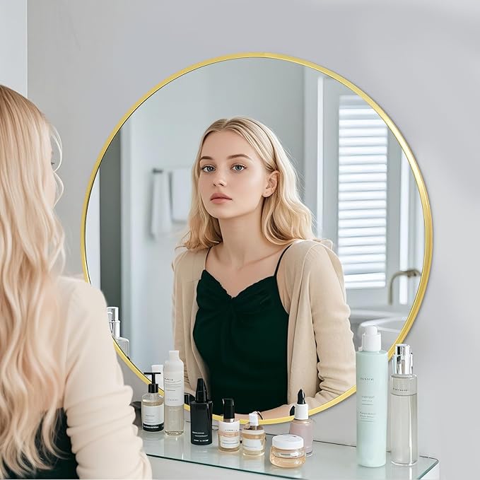 BEAUTYPEAK 40 Inch Round Mirror, Metal Frame Circle Mirror, Wall Mounted for Entryway, Bathroom, Vanity, Living Room, Gold