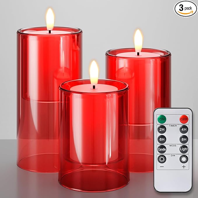 NURADA Flameless Candles with Remote Timer - Glass Real Wax 3D Wick LED Pillar Votive Candle Set Battery Operated Flickering Light for Christmas Home Wedding Party Decoration -Red 3 Pack