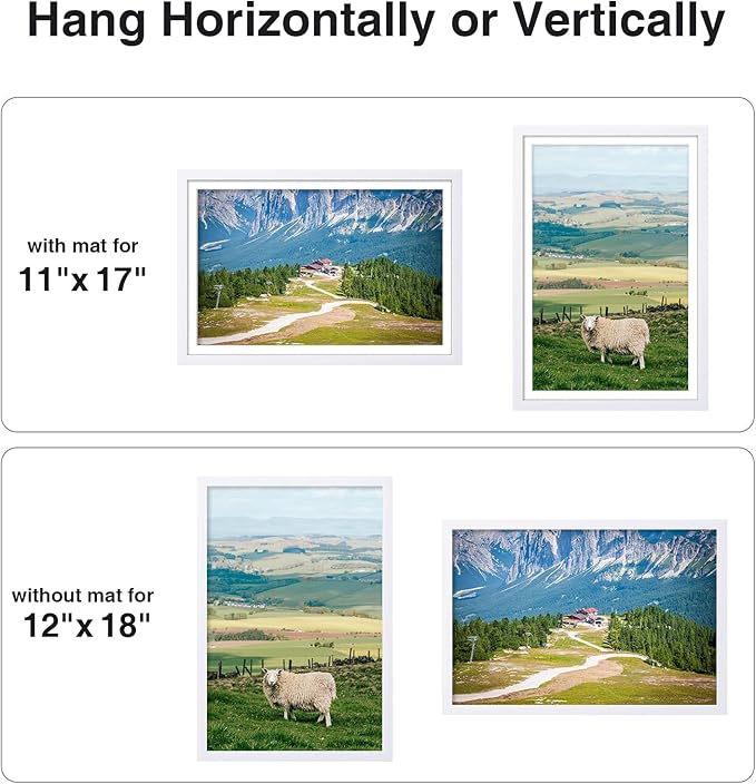 Vittanly 12x18 Poster Frame for Wall, Plexiglass, Displays Picture 11x17 with Mat or 12x18 without Mat, PVC Frame Material, Horizontal or Vertical Hanging, 1 Pack, White