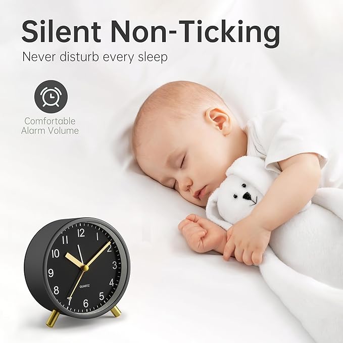 Analog Alarm Clock, 4 inch Super Silent Non Ticking Small Clock with Night Light, Battery Operated, Simple Design, easy setting for Office, Bedroom, Bedside, Desk, teens, elders, kids, adult, Black