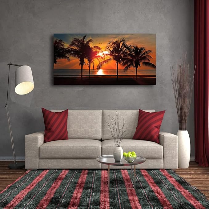 Beach Canvas Wall Art Seascape Theme Pictures Home Decor Blue Ocean Coconut Tree Sunset Prints Paintings for Living Room Bathroom Bedroom Kitchen Office Decoration Natural Scenery Artwork 24x48inches