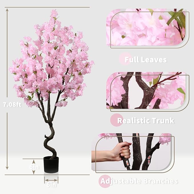 Faux Pink Cherry Blossom 5.5ft(67in) Tall Artificial Plant Indoor Decor Natural Realistic Fake Cherry Blossom Tree for Wedding Party Sakura Plant in Pot for Home Living Room,Office,Outdoor Decor