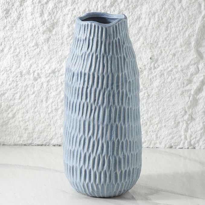 12.6 Inch Mat Blue Modern Handmade Ceramic Vase, Rustic Farmhouse Decorative Flower Vases for Home Decor,Pampas Grass Bouquet, Living Room,Kitchen,Office,Bedroom,Centerpiece Table Decorations