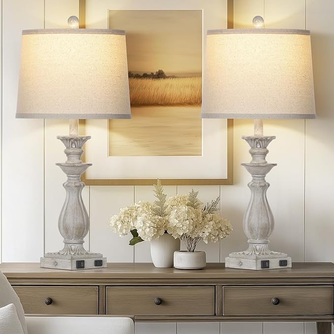 28" Farmhouse Table Lamps for Living Room Set of 2, 3-Way Dimmable Touch Bedside Lamps with USB C+A Ports & AC Outlet, Resin Vintage Tall Nightstand Lamps for Bedroom Office End Table, Grey