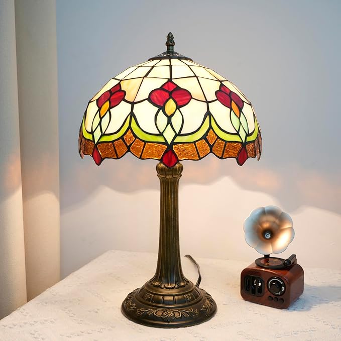 Red Tuilp Tiffany Lamp Stained Glass Table Lamps Antique Vintage Style Bedside Nightstand Nightstand Decor Living Room Bedroom Office Home Retro Bar Hotel 12 Inch Unique Flower Reading Desk Lamps
