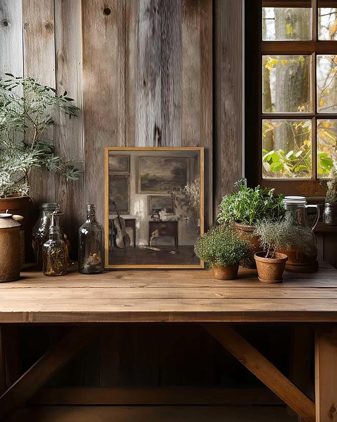 KBKBART Vintage Framed Wall Art, Farmhouse Decor Moody Still Life Canvas Oil Painting Vintage Dark Bathroom Art Prints, Neutral Antique Wall Art Decor for Bedroom, Living Room, Gallery, Gifts for Friends or Family (8"x10")