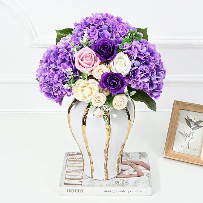 Artflower 4Pcs Real Touch Hydrangea Artificial Flowers, 22.5'' Purple Full Latex Faux Hydrangea Flowers for Home Floral Arrangements Wedding Bouquets Kitchen Table Centerpiece Decorations
