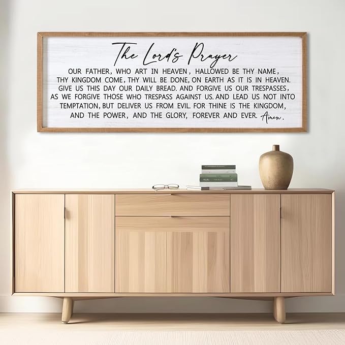Our Father Prayer Bible Verse Framed Wall Art, 40''×15'' Natural Horizontal Religious Christian Lords Prayer Sign for God Jesus Christ Prayer, Rustic Holy Inspirational Catholic Scripture Decor