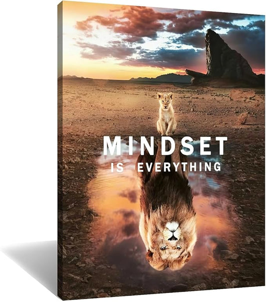 Small Cat Big Lions Motivational Wall Art Mindset is Everything Poster Cute Animal Inspirational Canvas Painting Prints Wall Pictures for Living Room Home Decor Office Framed Artwork [18''W x 24''H]