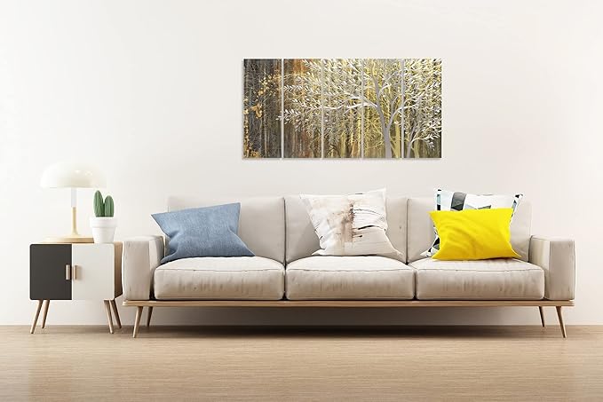 Yihui Arts Gold Metal Wall Art Handcrafted Tree on Aluminum Artwork Modern Forest Pictures with 3D for Living Room Bedroom Kitchen Decor