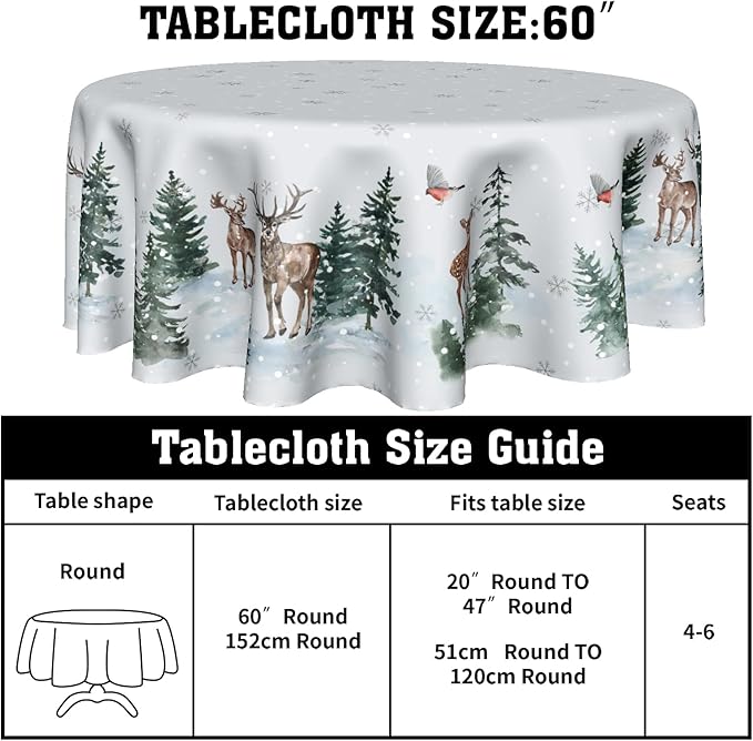 Winter Christmas Round Tablecloth 60 Inch Winter Snow Tree Deer Decorative Table Cloth Winter Holiday Table Cover for Christmas Party Kitchen Dining Room Holiday Picnic Home Indoor Outdoor Decor