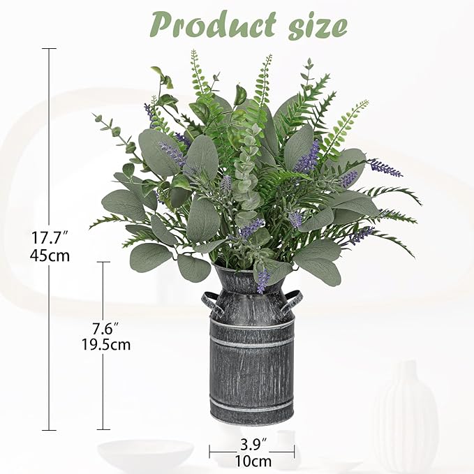 Hollyone Artificial Eucalyptus Plant in Rustic Metal Vase 18" Fake Plants Eucalyptus Leaves Lavender Stems Faux Greenery Potted for Farmhouse Kitchen Office Shelf Home Indoor Table Centerpieces Decor