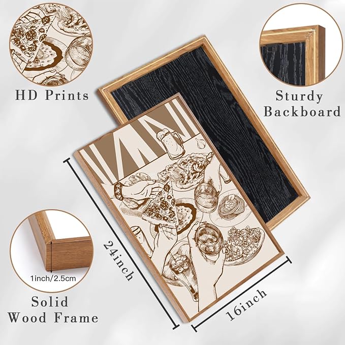 ANHUIB Framed Canvas Wall Art 16x24 Inch Large Modern Cheers Wall Decor Vintage Food Wall Art Sketch Pizza Paintings Gathering Decor Set of 3 for Kitchen Dining Room