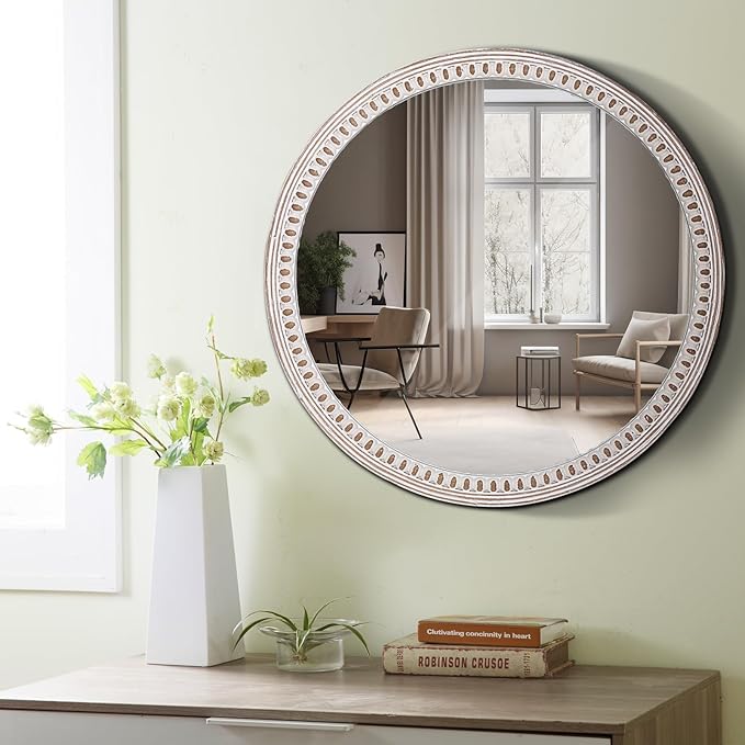 24 inches Decorative Round Wood Mirror with Bead, Rustic Farmhouse Circle Mirrors for Wall Decor, Living Room, Entryway, Bathroom Over Sink