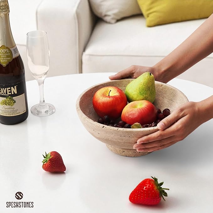 Marble Fruit Bowl 10 Inch Handmade Large Decorative Bowl for kitchen Counter - Modern Travertine Serving Dish for Fruits & Snacks - Pedestal Bowls for Dining Room & Coffee Table Decor