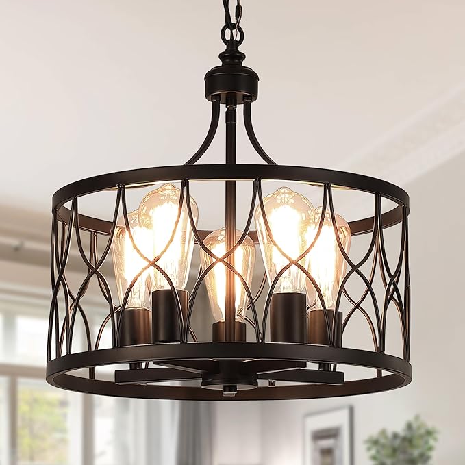 Black 15.74" Farmhouse Ceiling Light Fixture, Hight Adjustable, 5-Light Modern Industrial Metal Cage Pendant Lighting for Kitchen Island Dining Room Living Room and Entryway