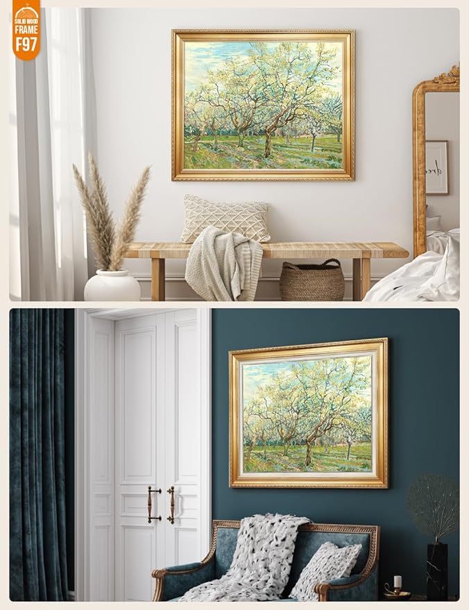DECORARTS - The White Orchard, Vincent Van Gogh Art Reproduction. Acid Free Cotton Canvas Giclee Print w/Bronze Frame&Mat for Wall Decor.