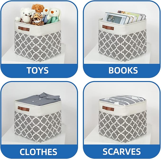 Temary 13×13×13 Foldable Storage Cube Baskets Fabric Cube Storage Basket for Organizing Cloth Storage Bins with Leather Handles for Gifts Empty, Closet (Grey Lattice)