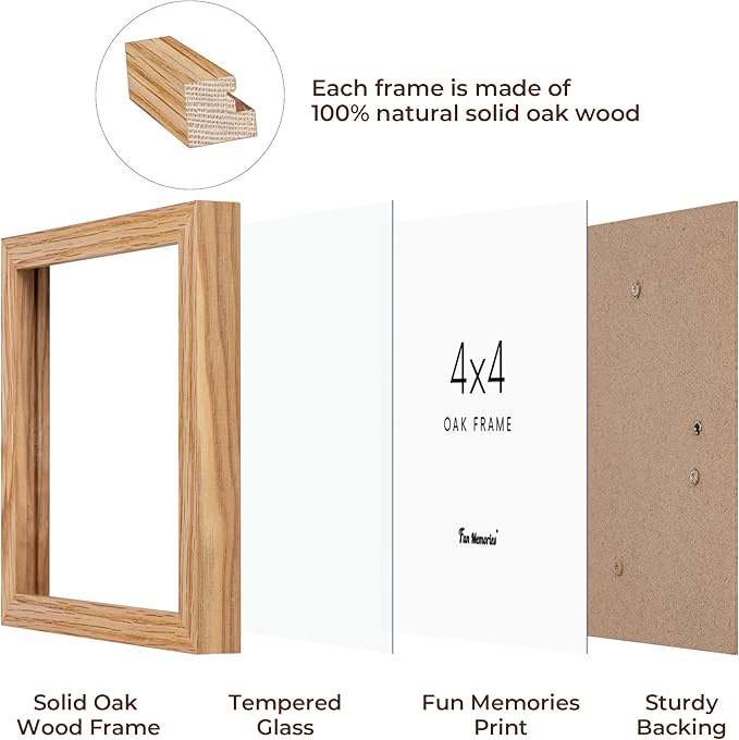 4x4 Picture Frames, 4 x 4 Photo Frames with Stand, Solid Oak Wood 4 by 4 Frame, 4x4 Picture Frame for Wall, Rustic Wood Frame 4"x4" with Real Glass, 4 by 4 Frames Set of 4, Natural Oak Color