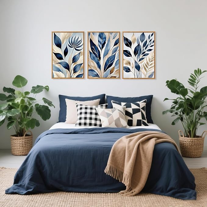 HPNIUB Botanical Leaf Framed Canvas Wall Art Set, Modern Natural Leaves Wall Decor, Minimalist Plant Floral Wall Painting, Abstract Aesthetic Leaf Art Print for Living Room,Bedroom,Office-16 x24 x3