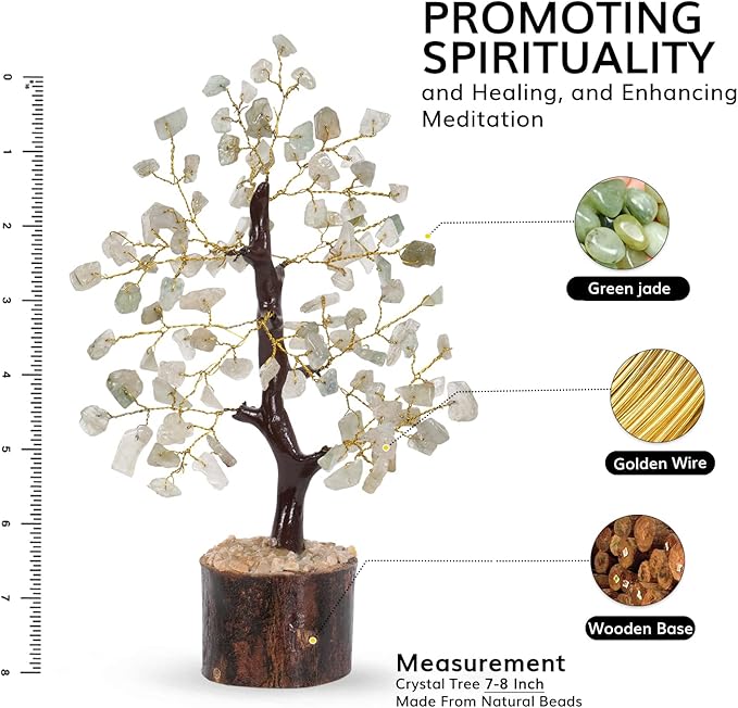 NARIBABU Green Jade Crystal Tree (7–8 Inch, 100 Chips) – Handmade Gemstone Tree with Raw Stones & Golden Wire – Gift for Her, Birthday Gifts for Women, Spiritual Decor, Office Desk Gift