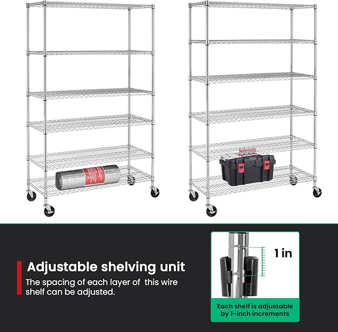 PayLessHere | 6-Tier Wire Shelf with Wheels | 48"x18"x76" | Chrome | Adjustable Racks | Heavy-Duty Storage Shelves, Holds Upto 600 lbs | Rust-Resistant, No-Tool Assembly | for Home, Garage Shelving