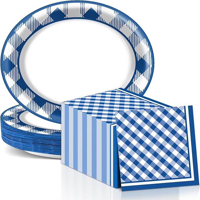 Gingham Oval Paper Plates 11inch Blue and White Checkered Plates and Napkins, Blue and White Plaid Birthday Tableware Outdoor for BBQ Gathering Picnic Blue Boys Theme Party Supplies, 25 Guest