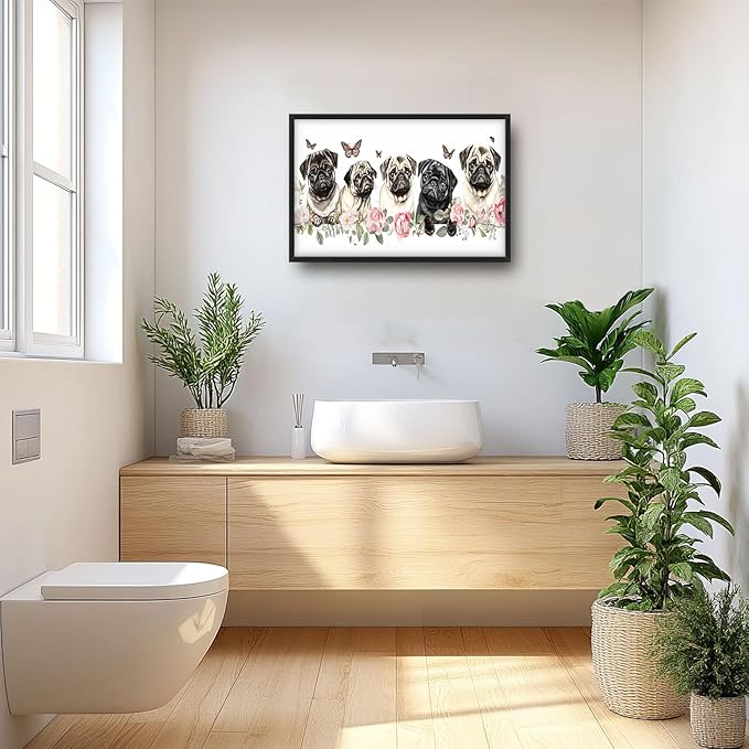 Flintis Large Pug Wall Art Dog Butterfly Pictures Wall Decor Abstract Animal Canvas Painting Print Artwork Decoration Framed for Living Room Bathroom Master Bedroom Office Dining Room 36L x 24W