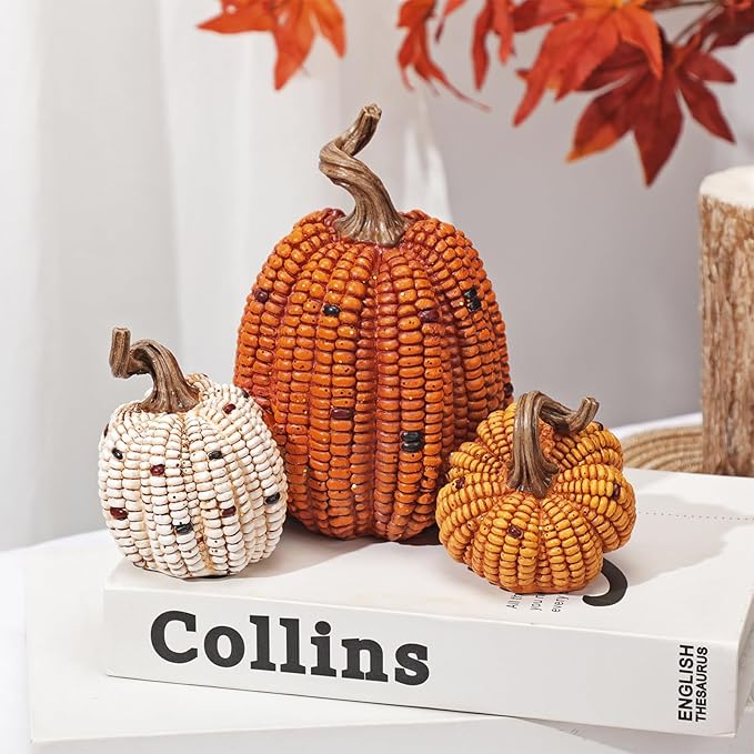 Briful Fall Decorative Corn Pumpkin Set – 3-in-1 Resin Pumpkins Harvest Décor Fake Corn Pumpkins Centerpiece for Thanksgiving Table Tiered Tray Outdoor Autumn Decorations