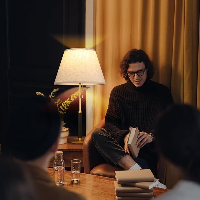 26.4" Set of 2 Modern Living Room Table Lamp for End Tables Bedside Lamps for Bedroom 3-Color Temperatures Pull Chain Switch Lamp Wood Fabric for Home/Office/Desk Decor (Light Brown+Brass)