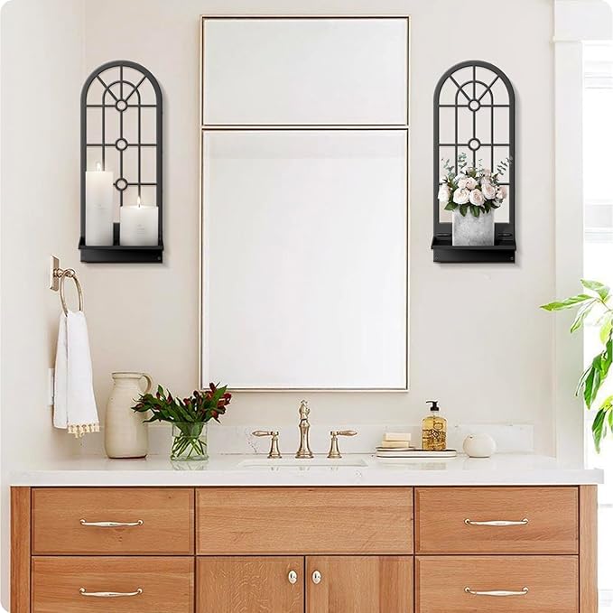 Wall Candle Holder, Black Boho Metal Wall Art Decor, Bohemian Line Wall Candle Holder for Living Room, Dining Room, Bedroom, Bathroom (16.5 x 7 in)