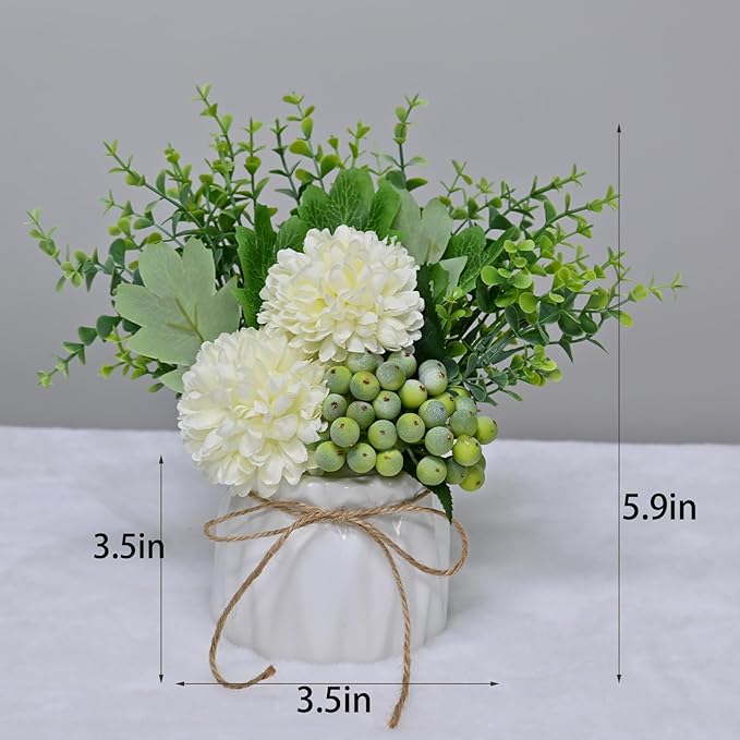 LADADA Artificial Flower Hydrangea and Small CeramicVase Fake Plant Eucalyptus Leaf Berry Flower Arrangement for Home Decoration (White)