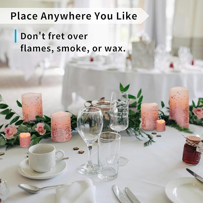 FURORA LIGHTING Pink Glitter LED Candles with Remote and Timer, 4 Pillars and 4 Votives Pack of 8, Real Wax Flameless Flickering Candles for Home Décor, Battery Included