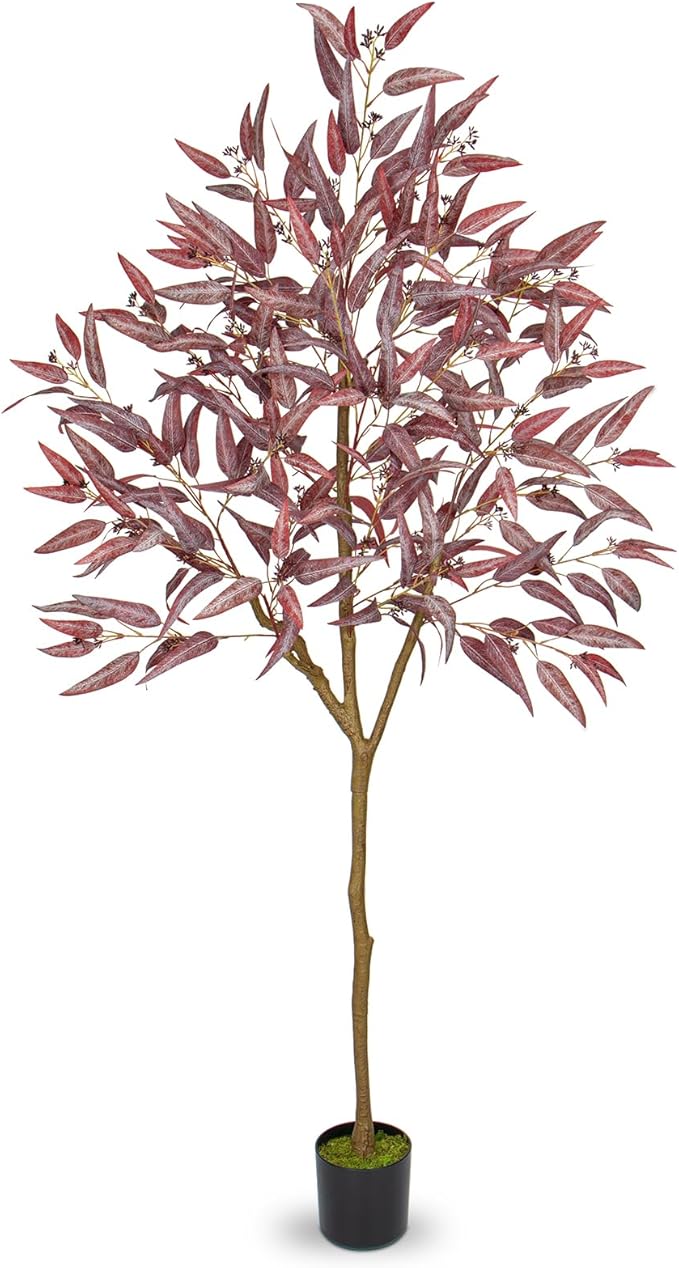 Briful 6ft Artificial Eucalyptus Tree in Black Pot, Realistic Silk Potted Floor Plant Eucalyptus Plant for Home Decor Indoor Outdoor Patio Office, Burgundy Leaf