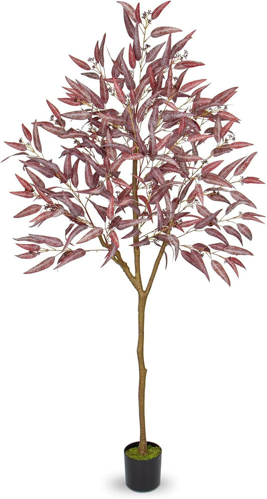 Briful 6ft Artificial Eucalyptus Tree in Black Pot, Realistic Silk Potted Floor Plant Eucalyptus Plant for Home Decor Indoor Outdoor Patio Office, Burgundy Leaf