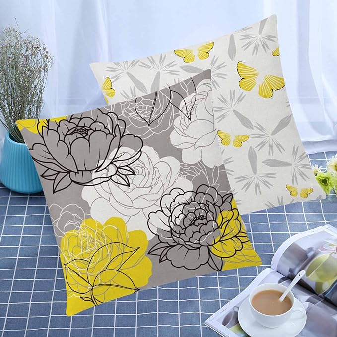 COMMINY Yellow Grey Pillow Covers 20x20 Set of 6, Daisy Flower Throw Pillow Cover Case Rustic Square Cushion Cover for Sofa Bedroom Living Room Farmhouse Home Decor