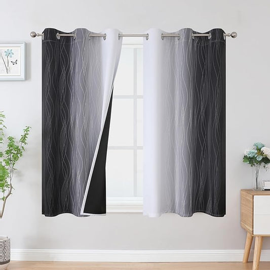 Estelar Textiler Black and Greyish White Blackout Curtains 45 Inch Length, Light Blocking Gradient Drapes for Bedroom, Thermal Insulated Grommet Ombre Curtains for Bathroom,42Wx45L,2 Panels