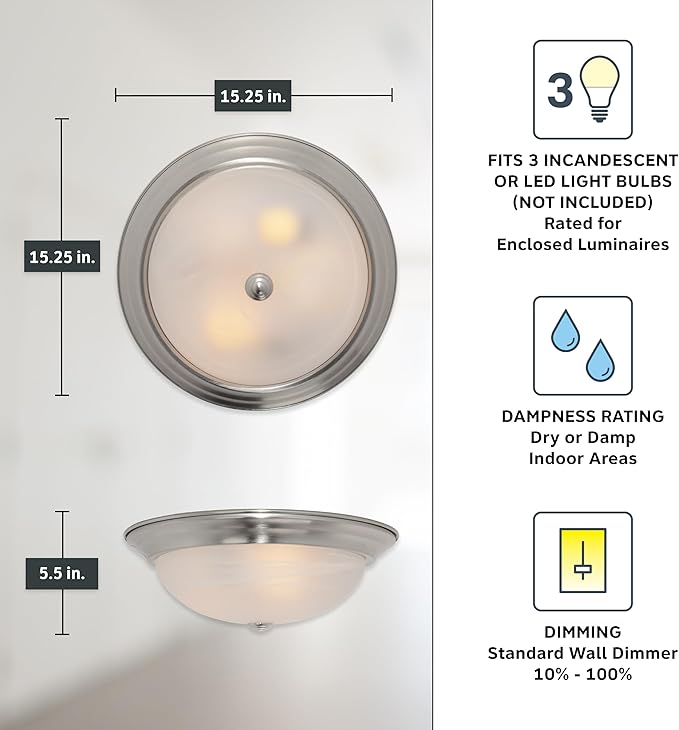Designers Fountain 15 in Modern 3-Light Flush Mount Ceiling Light, Satin Platinum with Alabaster Glass Shade, 1257L-SP-AL