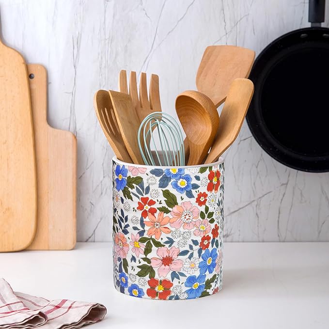 Kitchen Utensil Holder,7.2″Extra Large Stable Vintage Floral Pattern Ceramic Utensil Crock,Flower Utensil Organizer for Countertop,Kitchen Decor,Utensil Holder for Housewarming Gift Pink