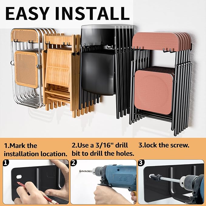 YYR Folding Chair Storage Rack, Garden Tool & Foldable Chairs Organizer Hangers for Garage Organization, Lawn, Beach, Camping, Yard Chairs Hooks Wall Mount, Soild Metal Max Load 240 LBS - 2 Pack