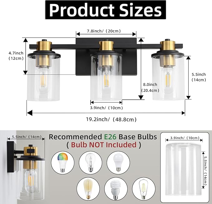 LOUSACE Bathroom Lighting Fixtures Black and Gold 3 Light Bathroom Vanity Light Over Mirror with Clear Glass Shades, Brushed Gold Socket Wall Vanity Lighting Fixtures for Bedroom Living Room