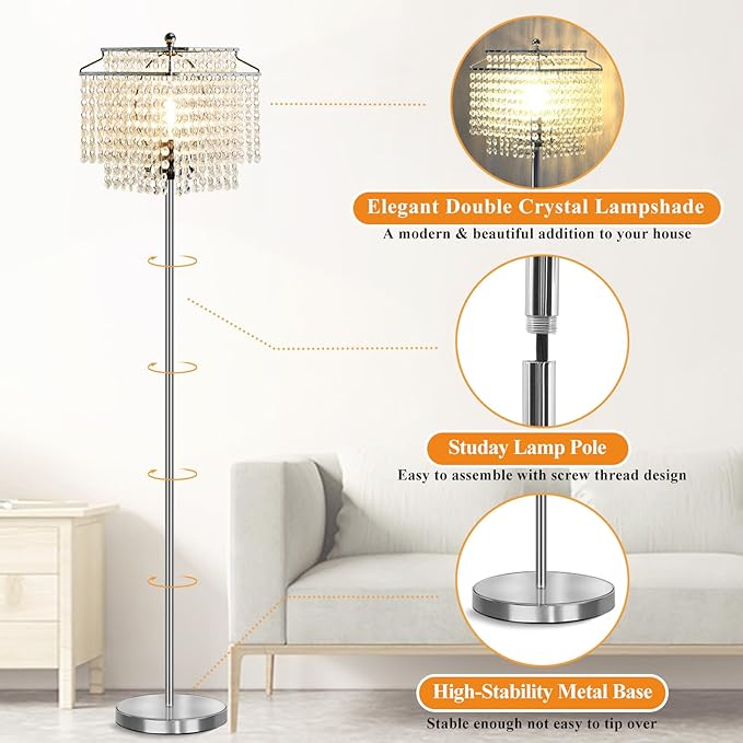 Luvkczc Crystal Floor Lamp, 64" Tall Modern Standing Lamps with Double-Layer Lampshade, On-Off Foot Switch, Silver Finish Pole Lamp for Living Room, Bedroom, Office, 8W Bulb Included