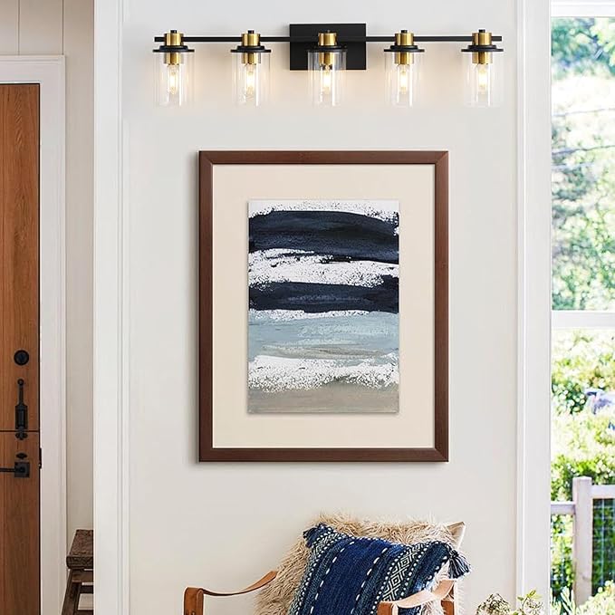 LOUSACE Bathroom Lighting Fixtures Black and Gold 5 Light Bathroom Vanity Light Over Mirror with Clear Glass Shades, Brushed Gold Socket Wall Vanity Lighting Fixtures for Bedroom Living Room