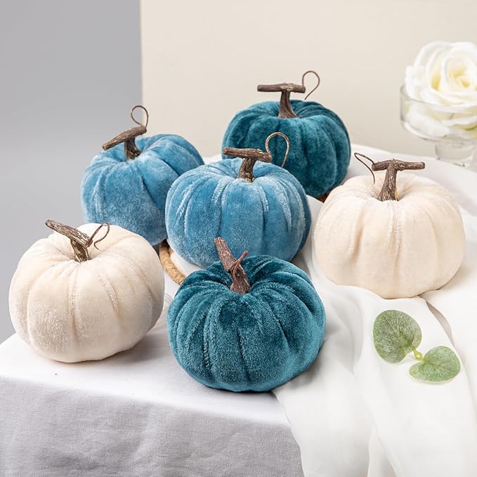 Briful Fall Pumpkins Decoration for Home, 6PCS Blue and White Velvet Fake Pumpkin Decor for Autumn Harvest Thanksgiving Halloween Table Centerpiece Tier Tray Shelf Farmhouse Decoration(4 Inch)
