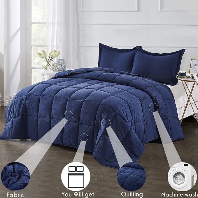 HIG 3pc Prewashed All Season Down Alternative Comforter Duvet Insert -Quilted Comforter with Corner Tabs -Box Stitched -250GSM Fiberfill Chic Farmhouse Style Bedding(Salomon,King,Navy)