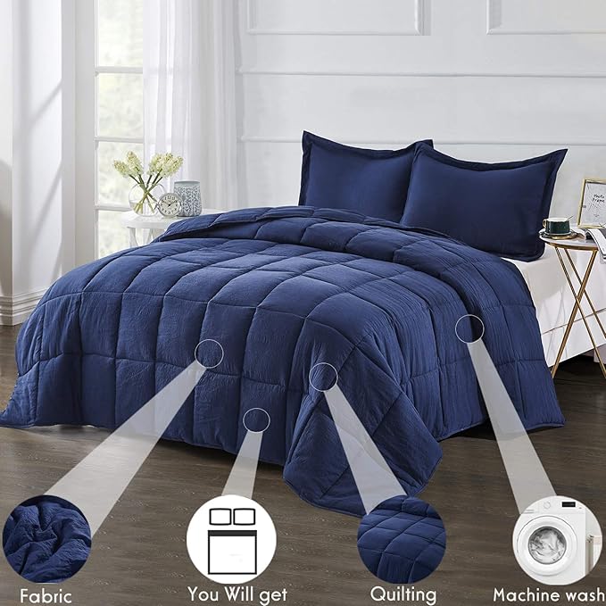HIG 3pc Prewashed All Season Down Alternative Comforter Duvet Insert -Quilted Comforter with Corner Tabs -Box Stitched -250GSM Fiberfill Chic Farmhouse Style Bedding(Salomon,Queen,Navy)