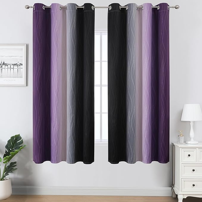 Estelar Textiler Black and Purple Ombre Blackout Curtains for Bedroom, Full Room Darkening Grommet Curtains for Living Room, Thermal Insulated Light Blocking Gradient Drapes, 52Wx63L,2 Panels